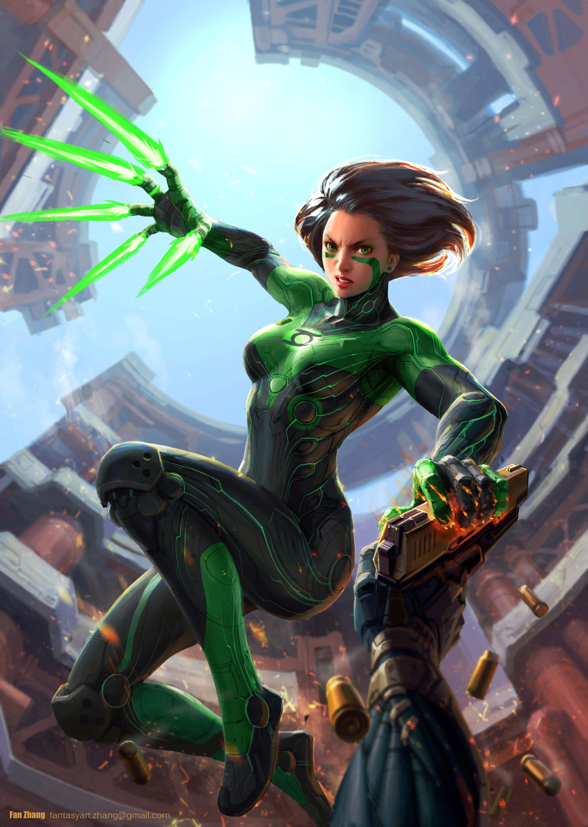1girl absurdres artist_name bared_teeth battle black_hair breasts commentary cyborg dc_comics email_address energy_beam english_commentary fan_zhang gally green_lantern green_lantern_corps gun gunnm handgun highres lips looking_at_viewer nose pistol pov shell_casing short_hair skin_tight small_breasts solo_focus weapon
