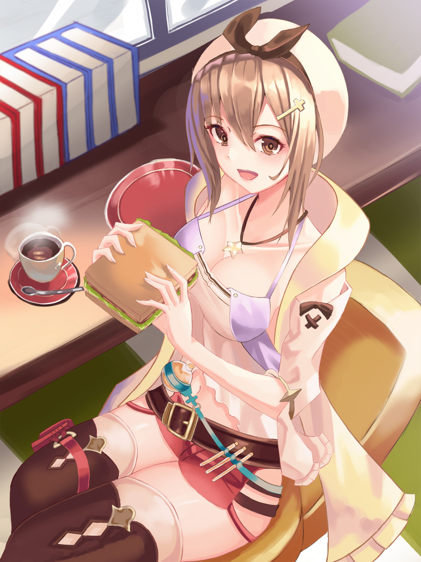 1girl absurdres atelier_(series) atelier_ryza bangs belt belt_buckle book boots breasts brown_eyes brown_hair buckle chair cleavage coffee collarbone cup6542 desk food hat highres indoors jewelry looking_at_viewer medium_breasts necklace open_mouth plate red_shorts reisalin_stout round-bottom_flask sandwich short_hair short_shorts shorts sideboob sidelocks smile spoon star star_necklace thick_thighs thigh_boots thighhighs thighs white_headwear white_legwear window