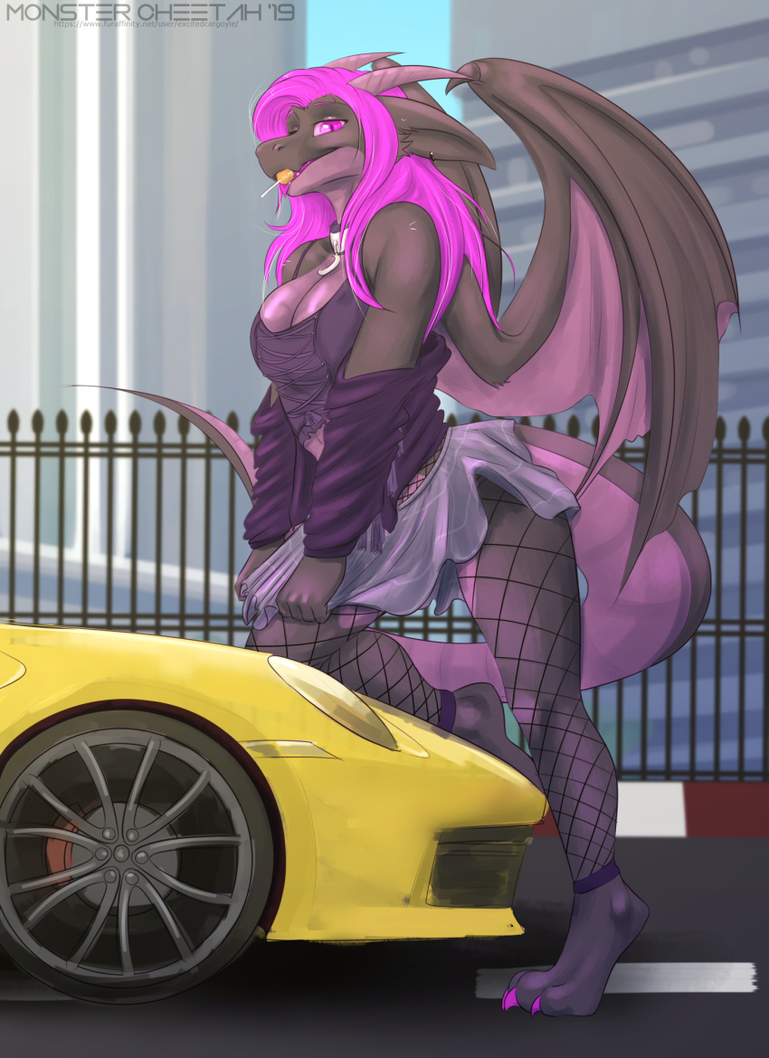 anthro breasts candy car clothed clothing dragon excitedcargoyle female fishnet food hi_res horn lollipop looking_at_viewer outside porsche solo tongue tongue_out vehicle wings