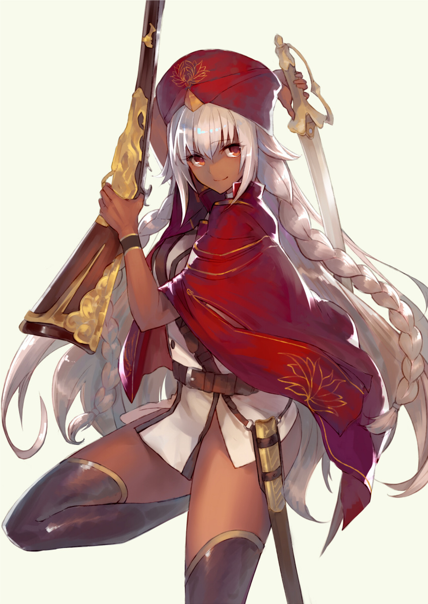 1girl arm_up bangs beige_background belt belt_buckle braid brown_belt brown_eyes brown_legwear buckle closed_mouth commentary_request dark_skin dress eyebrows_visible_through_hair fate/grand_order fate_(series) gun hair_between_eyes hand_up hat highres holding holding_gun holding_sword holding_weapon jazztaki lakshmibai_(fate/grand_order) long_hair looking_at_viewer red_headwear saber_(weapon) sheath silver_hair simple_background smile solo standing standing_on_one_leg sword thighhighs twin_braids unsheathed very_long_hair weapon white_dress