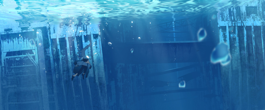 1girl absurdres air_bubble asuteroid bubble cable from_behind highres huge_filesize iz_(asuteroid) long_hair original ripples ruins scenery solo swimming underwater very_long_hair white_hair