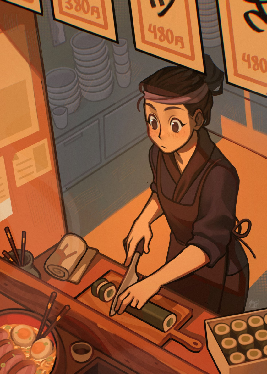 1girl apron bowl bowl_stack brown_apron brown_eyes brown_hair chopsticks commentary cutting_board egg_(food) english_commentary food from_above gluca hair_bun highres japanese_clothes light_frown makizushi noodles original ramen restaurant single_hair_bun slicing solo sushi