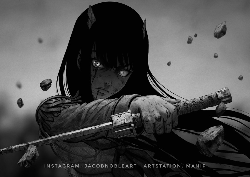 1girl artist_name black_hair bleeding blood blood_on_face english_commentary epaulettes greyscale highres horns kill_la_kill kiryuuin_satsuki long_hair looking_at_viewer manip monochrome pebble school_uniform serious simple_background solo sword upper_body very_long_hair watermark weapon