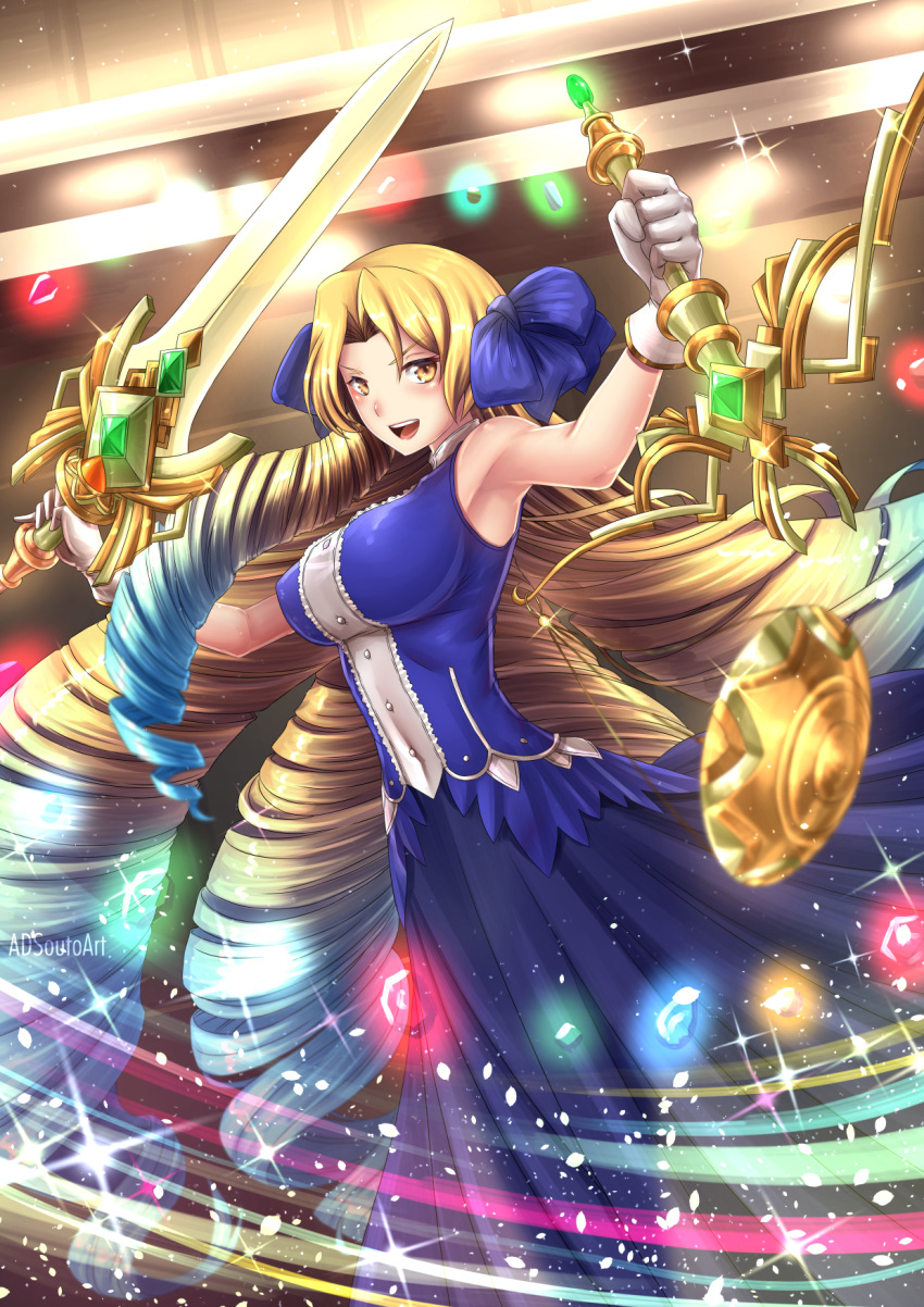 1girl adsouto astraea_(fate/grand_order) big_hair blonde_hair blue_hair bow breasts dress drill_hair fate/grand_order fate/hollow_ataraxia fate_(series) flower gem gradient_hair hair_bow hair_ornament hair_ribbon highres holding holding_sword holding_weapon jewelry large_breasts long_hair looking_at_viewer luviagelita_edelfelt multicolored_hair open_mouth ribbon ringlets skirt skirt_set smile solo sword thighhighs weapon yellow_eyes