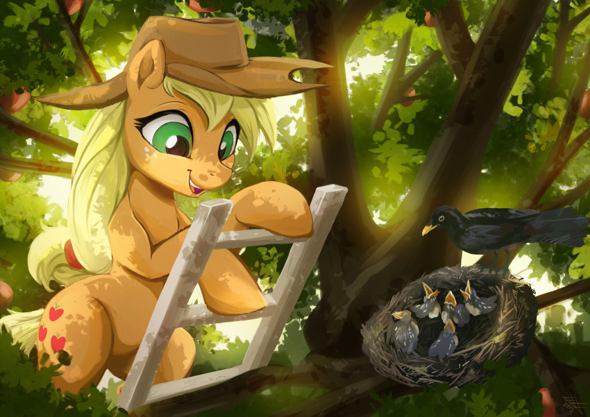 2019 apple applejack_(mlp) avian bird bird_nest clothing cowboy_hat cutie_mark equid equine female feral fidzfox food friendship_is_magic fruit hat headgear headwear hi_res horse mammal my_little_pony outside plant pony tree