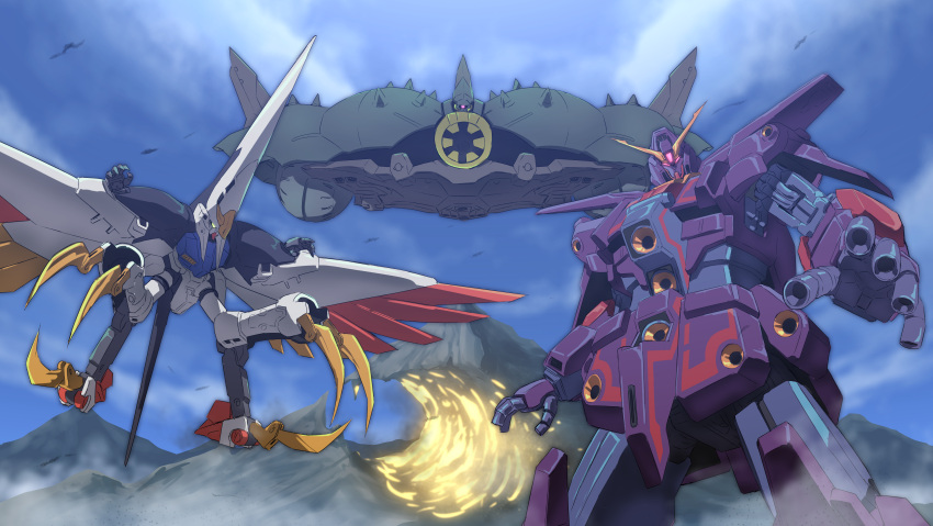 2023 absurdres apsalus_iii armor bird claws cloud dated_commentary day flying g_gundam glowing glowing_eye glowing_eyes green_eyes gundam gundam_08th_ms_team gundam_heaven's_sword hatsuyume highres joints looking_at_viewer mecha mecha_focus mechanical_wings mobile_armor mobile_suit molten mono-eye mountain mountainous_horizon no_humans no_pupils one-eyed outdoors pink_eyes psycho_gundam_mk_ii robot robot_joints shoulder_armor silhouette siratori_(yy_203) talons v-fin wings zeta_gundam