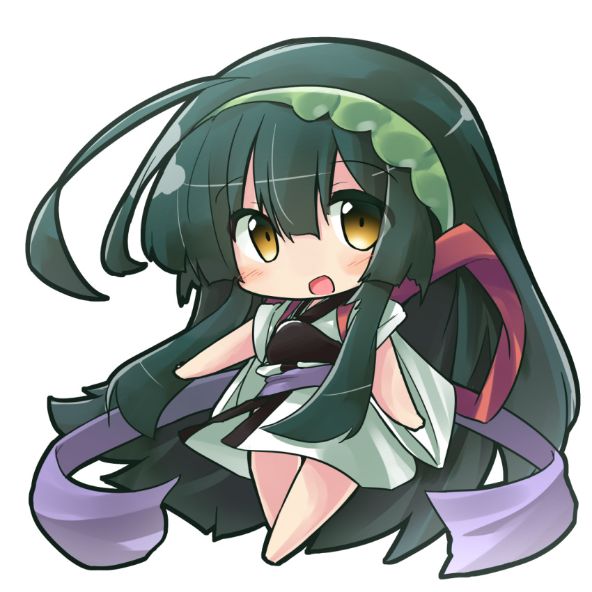 1girl :d ahoge bangs barefoot blush brown_eyes chibi commentary_request eyebrows_visible_through_hair full_body green_hair green_hairband green_kimono hair_between_eyes hairband highres japanese_clothes kimono long_hair muneate open_mouth ryogo short_sleeves simple_background smile solo touhoku_zunko very_long_hair voiceroid white_background wide_sleeves
