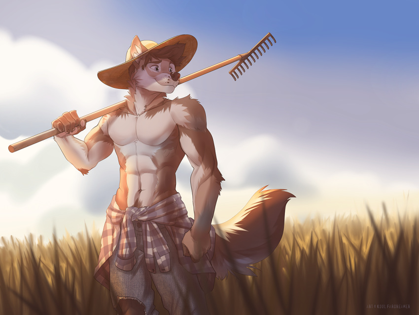 2019 4:3 5_fingers abs anthro brown_fur brown_hair brown_nose canid canine canis day detailed_background digital_media_(artwork) domestic_dog fur grass hair koul male mammal outside smile solo standing