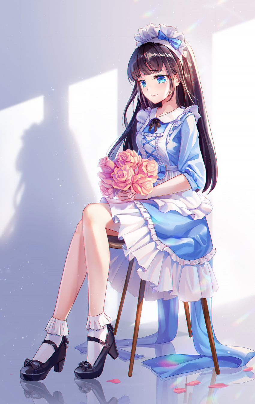 1girl absurdres apron bangs black_hair black_legwear blue_bow blue_eyes blunt_bangs bow chair crossed_legs eyebrows_visible_through_hair flower frill_trim frills highres lalazyt light_smile long_hair maid maid_apron maid_dress maid_headdress original petals pink_flower reflective_floor ribbon sidelocks sitting sunlight tail tail_ribbon white_apron white_legwear