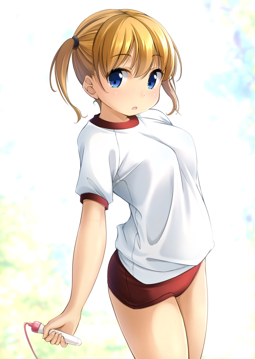 1girl :o bangs blonde_hair blue_eyes blurry blurry_background buruma commentary_request depth_of_field eyebrows_visible_through_hair gym_shirt gym_uniform hair_between_eyes highres holding jump_rope looking_at_viewer original parted_lips puffy_short_sleeves puffy_sleeves red_buruma shibacha shirt short_sleeves short_twintails sidelocks solo standing twintails white_shirt