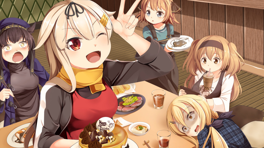 5girls alternate_costume anchor_symbol apron black_ribbon black_shirt blonde_hair blue_eyes blue_shirt bowl breasts brown_hair brown_vest bubble_tea bubble_tea_challenge chopsticks clothes_writing crescent crescent_hair_ornament crescent_moon_pin cup disposable_cup drinking_glass drinking_straw food hachijou_(kantai_collection) hachimaki hair_flaps hair_ornament hair_ribbon hairband hairclip hatsuzuki_(kantai_collection) headband holding holding_chopsticks holding_plate i-26_(kantai_collection) kantai_collection large_breasts light_brown_eyes light_brown_hair long_hair long_sleeves low_twintails multiple_girls object_on_breast one_eye_closed open_mouth plate red_eyes remodel_(kantai_collection) ribbon satsuki_(kantai_collection) shaded_face shirt short_hair straight_hair table twintails two_side_up v vest white_shirt yasume_yukito yellow_eyes yuudachi_(kantai_collection)