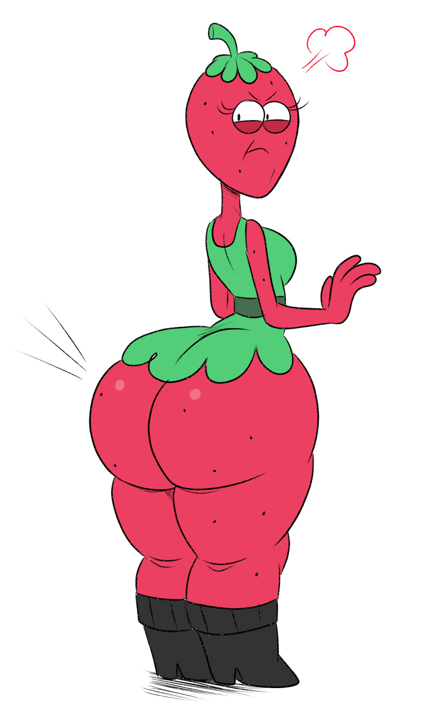 3:5 annoyed big_butt butt clothed clothing digital_media_(artwork) drupe female flora_fauna food food_creature food_humanoid fruit fruit_humanoid hi_res humanoid living_fruit not_furry ok_k.o.!_let's_be_heroes plant plant_humanoid simple_background solo standing strawberry thick_thighs wappah