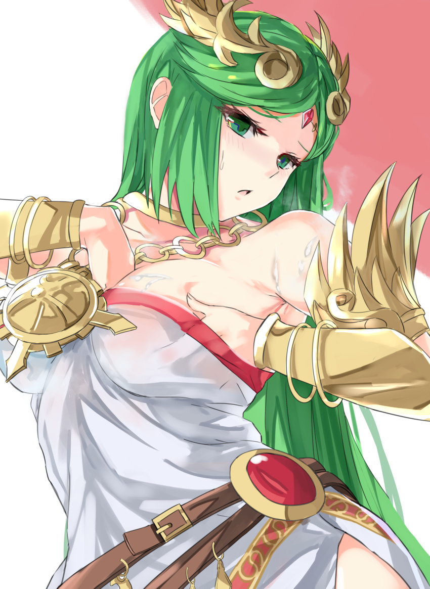 1girl absurdres bangs bare_shoulders between_breasts bracelet bracer breasts circlet cleavage dress gem goddess green_eyes green_hair hand_between_breasts hand_under_clothes highres jewelry kid_icarus large_breasts long_hair neck_ring necklace open_mouth palutena parted_bangs side_slit solo straight_hair strapless strapless_dress tomas_(kaosu22) very_long_hair white_dress