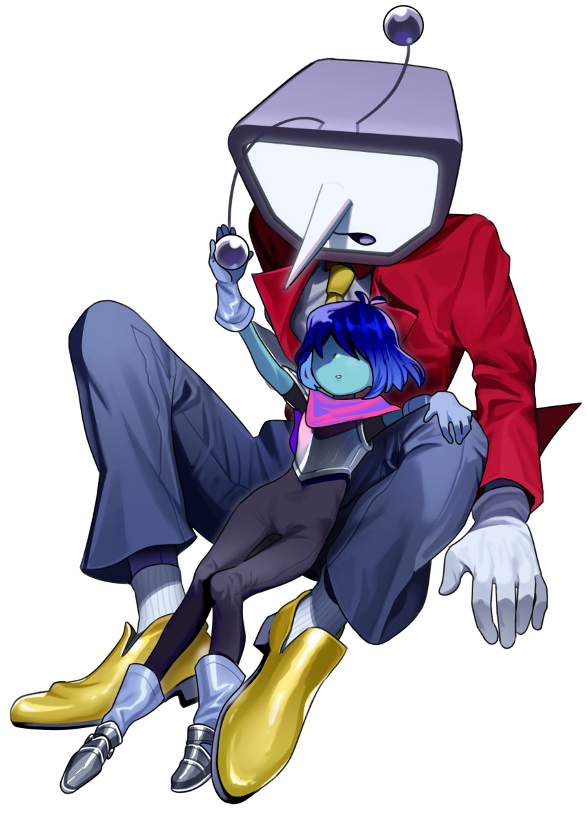 1boy 1other absurdres ant_tenna armor black_bodysuit blue_hair blue_skin bodysuit collared_shirt colored_skin crt deltarune full_body gloves grey_gloves grey_pants hand_on_another's_knee highres kris_(dark_world)_(deltarune) kris_(deltarune) long_nose object_head pants parted_lips partially_shaded_face pointy_nose radio_antenna shirt shoes simple_background socks striped_cape tailcoat utdr_(toby_fox) valve_core white_background white_gloves white_shirt white_socks yellow_shoes
