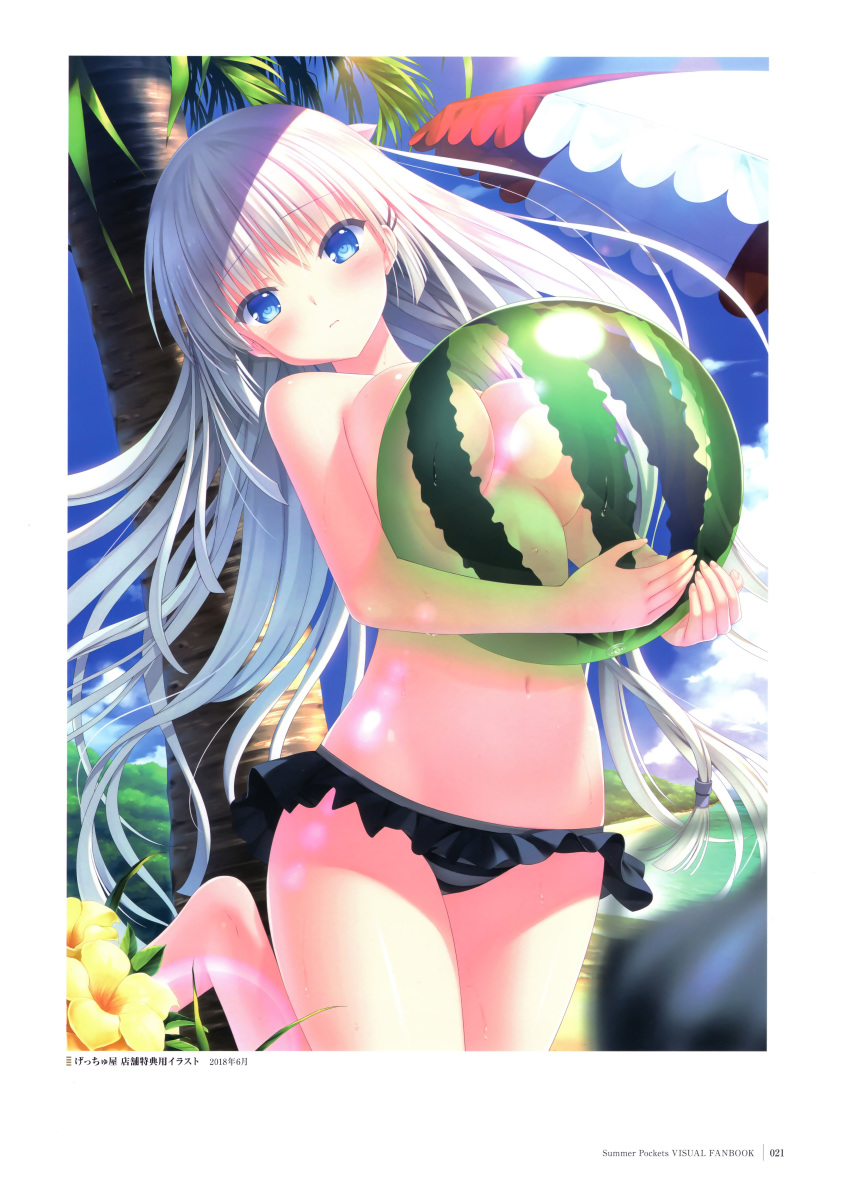 1girl absurdres ball bangs beach beachball bikini_skirt black_skirt blue_eyes blue_sky blush breasts cleavage cloud collarbone copyright_name cowboy_shot day eyebrows_visible_through_hair fingernails flower hair_between_eyes hair_ornament highres holding holding_ball large_breasts leg_up long_fingernails long_hair looking_at_viewer medium_breasts na-ga nail_polish naruse_shiroha navel ocean official_art outdoors palm_tree pink_nails sand scan sidelocks silver_hair skirt sky solo standing standing_on_one_leg stomach striped striped_bikini_bottom summer_pockets topless tree underboob very_long_hair water