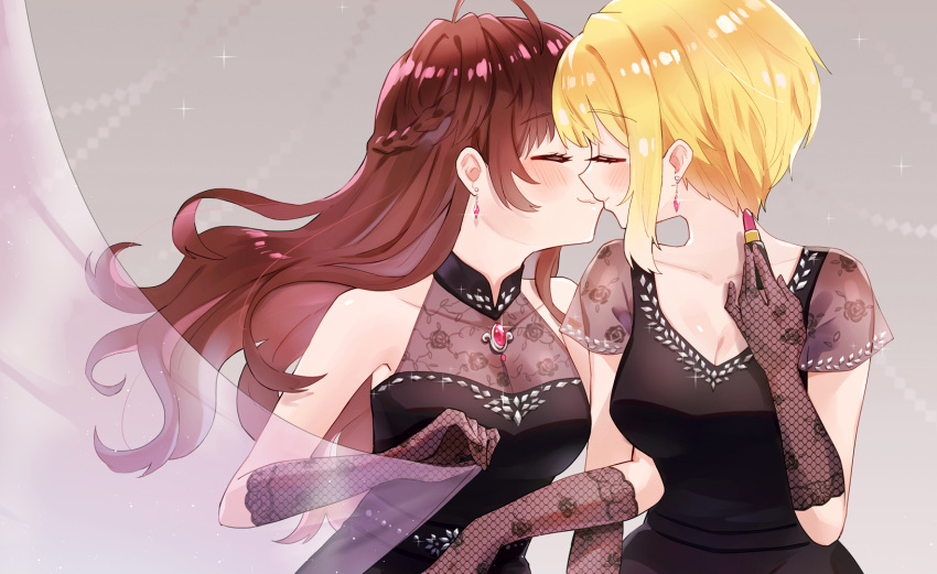 2girls ahoge amy30535 bare_shoulders black_dress blush breasts brown_hair chinese_commentary cleavage closed_eyes collarbone commentary_request crazy_crazy_(idolmaster) curtain_grab curtains dress earrings elbow_gloves fishnet_gloves fishnets gloves highres holding_lipstick_tube ichinose_shiki idolmaster idolmaster_cinderella_girls jewelry kiss lazy_lazy_(idolmaster) long_hair medium_breasts miyamoto_frederica multiple_girls short_sleeves sleeveless sleeveless_dress smile wavy_hair yuri
