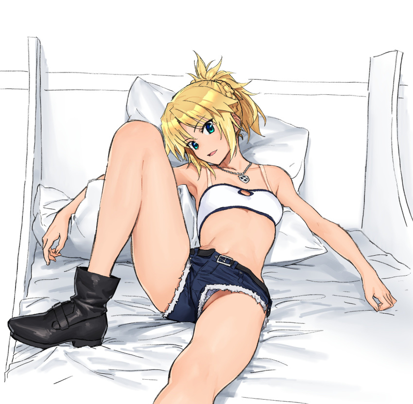 1girl absurdres ankle_boots bandeau bangs bare_legs bare_shoulders belt blonde_hair blue_eyes blush boots braid breasts commentary_request denim denim_shorts fate/apocrypha fate_(series) french_braid head_tilt highres ikezawa_shin jewelry knee_up looking_at_viewer lying midriff mordred_(fate)_(all) on_back on_bed panties panty_peek pendant ponytail short_hair short_shorts shorts sleeveless small_breasts underwear white_panties