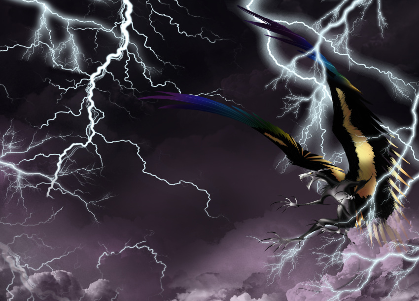 2019 absurd_res ambiguous_gender claws day detailed_background digital_media_(artwork) feathered_wings feathers feral flying grievousfan hi_res lightning open_mouth outside solo teeth unknown_species wings