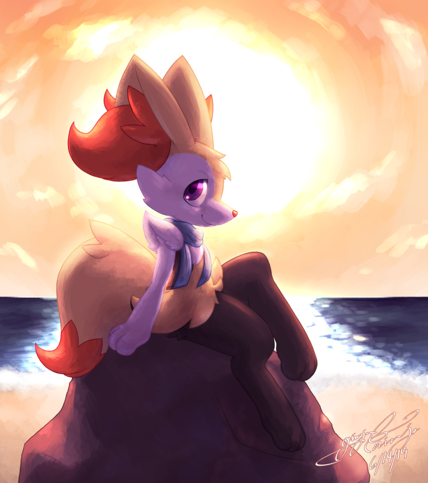 2019 3_toes ambiguous_gender blush braixen cafe_(character) canid clothing cloud gingy_k_fox hi_res looking_at_viewer mammal nintendo outside pok&eacute;mon pok&eacute;mon_(species) purple_eyes rock sea shirt sitting sky smile solo toes topwear vest video_games water