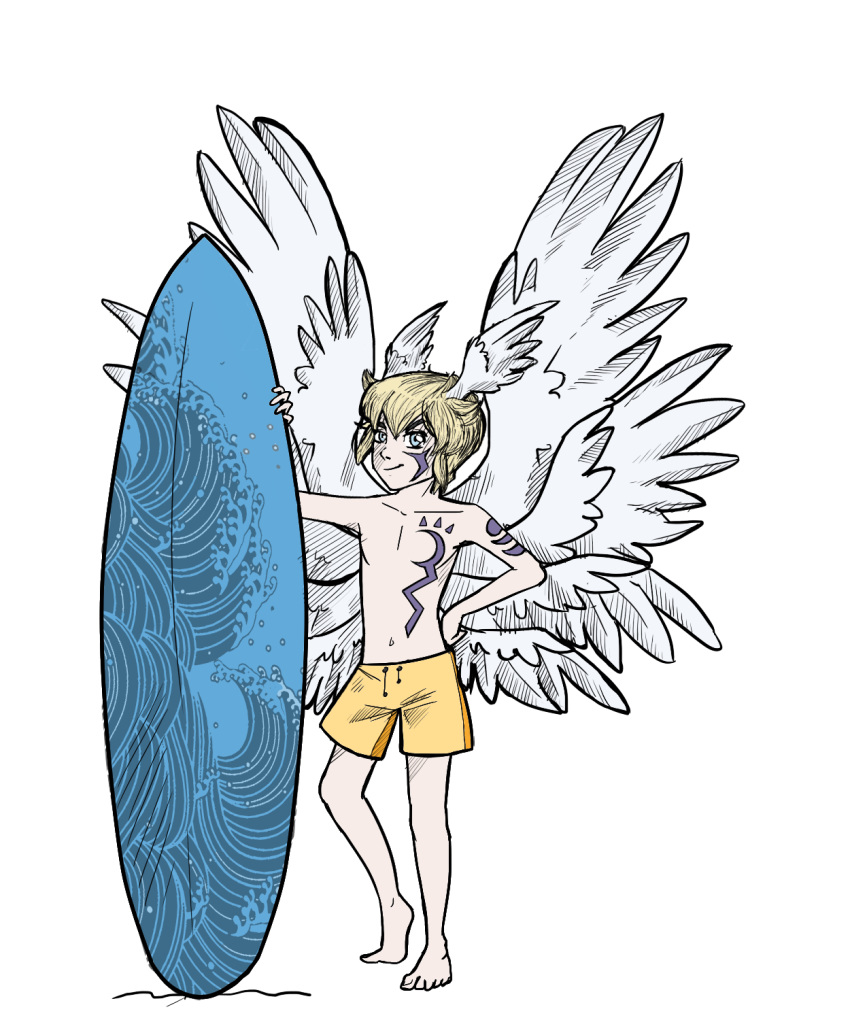 board bottomwear clothed clothing digimon digimon_(species) hi_res humanoid lucemon mabaya male not_furry shorts solo swimming swimming_trunks swimwear topless winged_humanoid wings