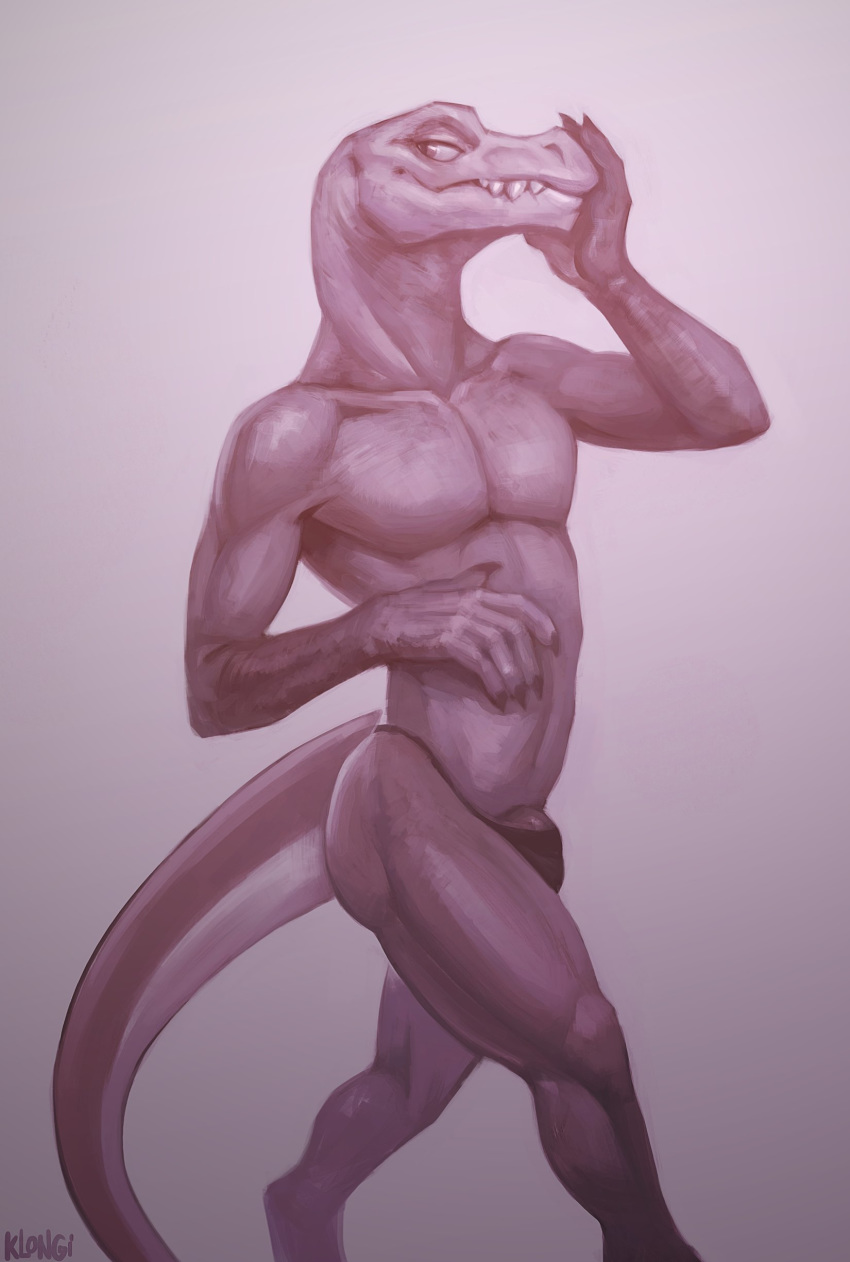 2018 absurd_res anthro bite biting_lip bulge claws clothed clothing dinosaur grin hi_res holding_head klongi lips male monochrome pecs penis pose reptile scales scalie self_bite sketch smile solo tight_underwear topless walking
