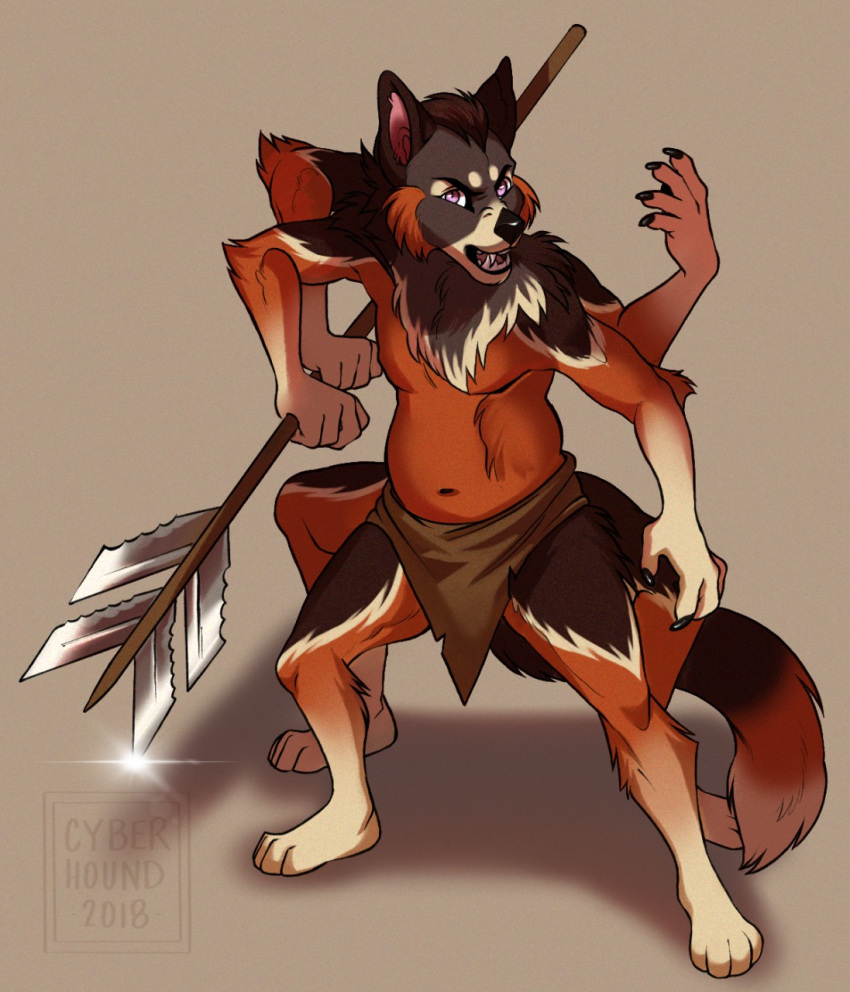 anthro canid canine canis clothing cyberhound hi_res hybrid loincloth male mammal multi_arm multi_leg multi_limb plantigrade solo staff standing weapon wolf xiiiprojectwingsxiii