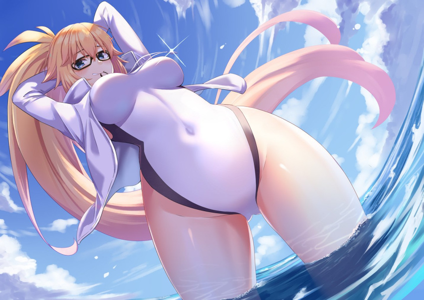 1girl ahoge arms_up bangs black-framed_eyewear blonde_hair blue_sky blush breasts cloud covered_navel cowboy_shot dutch_angle eyebrows_visible_through_hair fate/grand_order fate_(series) fifty1202 from_below glasses glint hair_between_eyes hair_tie_in_mouth holding holding_hair jacket jeanne_d'arc_(fate)_(all) jeanne_d'arc_(swimsuit_archer) large_breasts long_hair looking_at_viewer mouth_hold ocean open_clothes open_jacket ponytail sidelocks sky smile solo swimsuit very_long_hair wading whistle whistle_around_neck white_jacket white_swimsuit