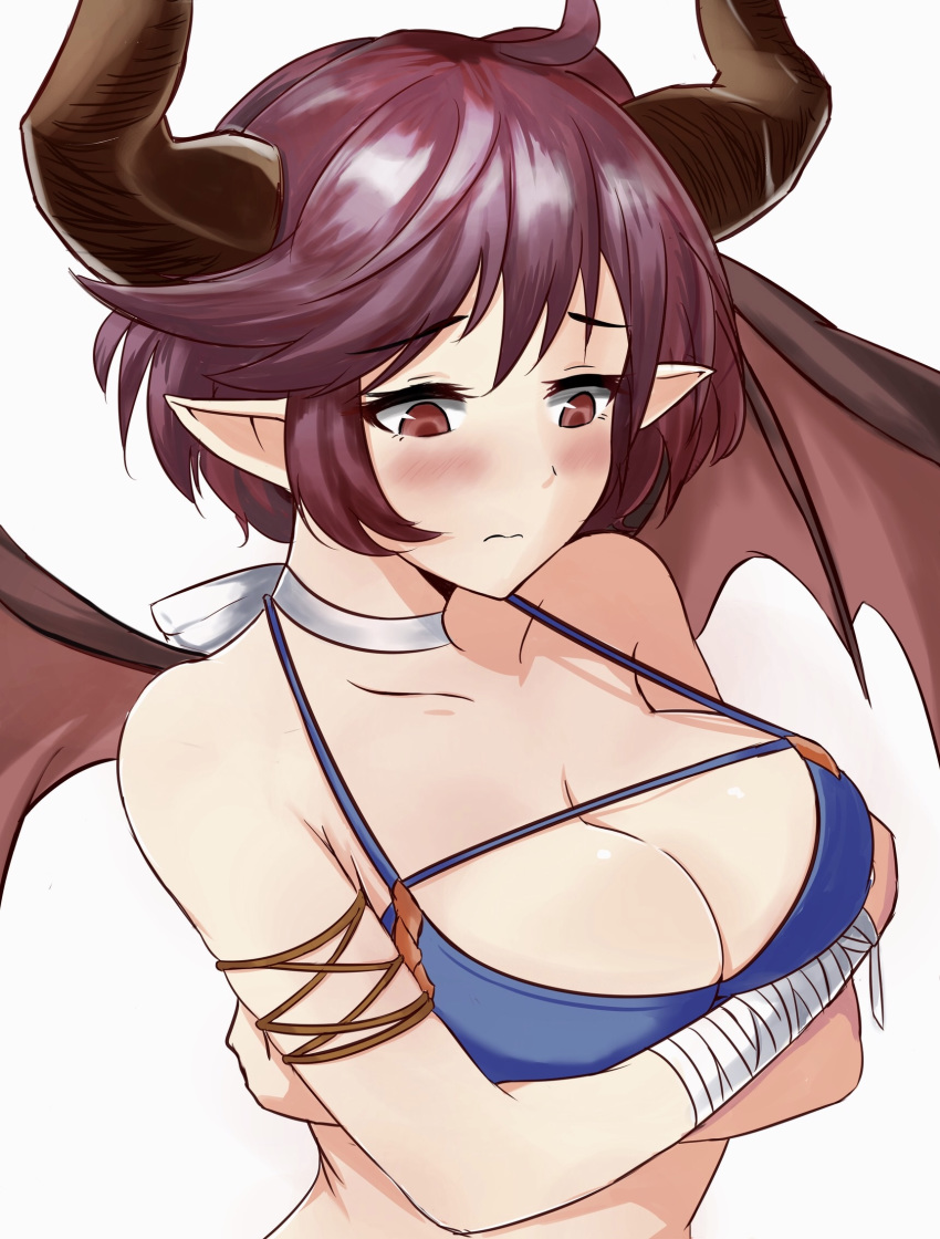 1girl 3: ahoge bikini_top blue_bikini_top blush breast_hold breasts cleavage collarbone commentary_request crossed_arms dragon_girl dragon_horns dragon_wings eyebrows_visible_through_hair granblue_fantasy grea_(shingeki_no_bahamut) highres horns large_breasts michael_nknkn neck_ribbon purple_hair red_eyes ribbon short_hair simple_background solo swimsuit wavy_mouth white_background white_ribbon wings wrist_wrap