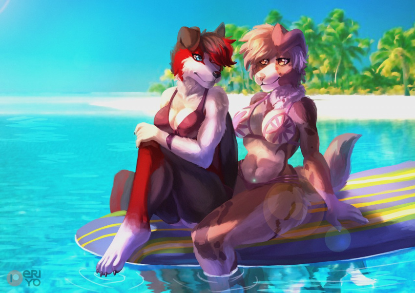 2019 4_toes 5_fingers anthro beach black_fur black_hair black_nose blue_eyes border_collie bra breasts brown_fur brown_hair canid canine canis claws clothed clothing collie detailed_background digital_media_(artwork) domestic_dog duo eri-yo eye_contact female fur hair herding_dog kim_greenwitch lens_flare looking_at_another mammal outside pastoral_dog patreon paws red_fur seaside sheepdog sitting sky smile spots spotted_fur surfboard swimwear text toes tree underwear unknown_character water white_fur yellow_eyes