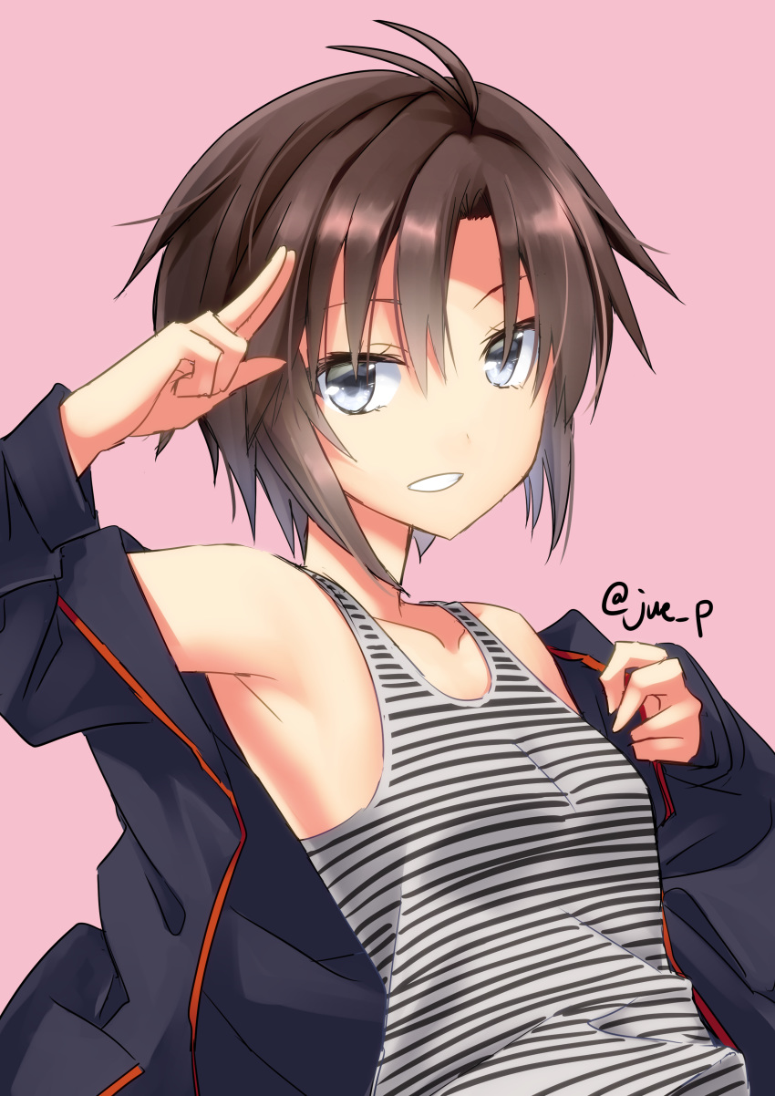 1girl absurdres antenna_hair armpits black_jacket breasts brown_hair collarbone grey_eyes grin hair_between_eyes highres idolmaster idolmaster_(classic) jacket kikuchi_makoto long_sleeves looking_at_viewer open_clothes open_jacket pink_background shiny shiny_hair shirt short_hair simple_background sleeveless sleeveless_shirt small_breasts smile solo striped striped_shirt tomboy twitter_username upper_body yuuki_eishi