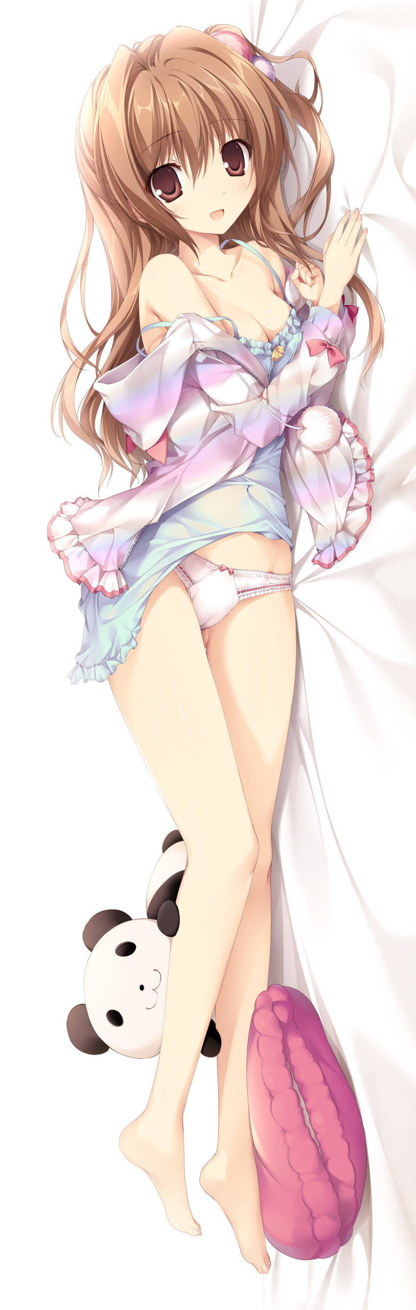 1girl :3 :d absurdres bare_legs bed_sheet breasts brown_eyes brown_hair cameltoe cleavage dakimakura dress food hair_ornament highres jacket karory long_hair lying macaron on_side open_mouth original panties pillow smile solo spaghetti_strap stuffed_animal stuffed_panda stuffed_toy underwear white_panties