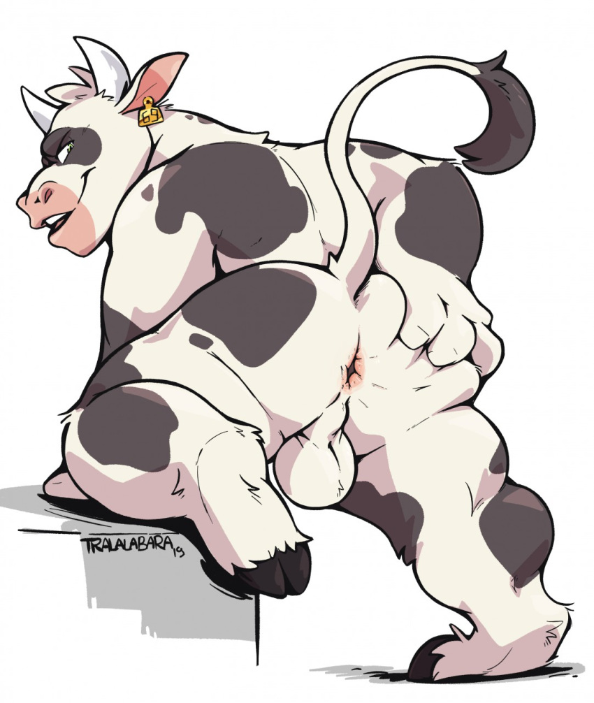 2019 anthro anus backsack balls bigmaster bovid bovine butt cattle cloven_hooves ear_piercing haps hi_res hooves horn looking_back male mammal moomoo nude perineum piercing rear_view simple_background solo spread_anus spread_butt spreading white_background