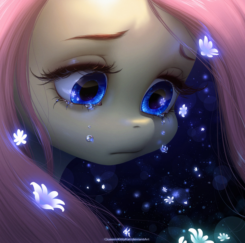 2014 2019 blue_eyes bodily_fluids digital_media_(artwork) equid equine female feral flower fluttershy_(mlp) friendship_is_magic glowing hair headshot_portrait hi_res horse mammal my_little_pony pink_hair plant pony portrait remake side_view solo tears ukulilia upset