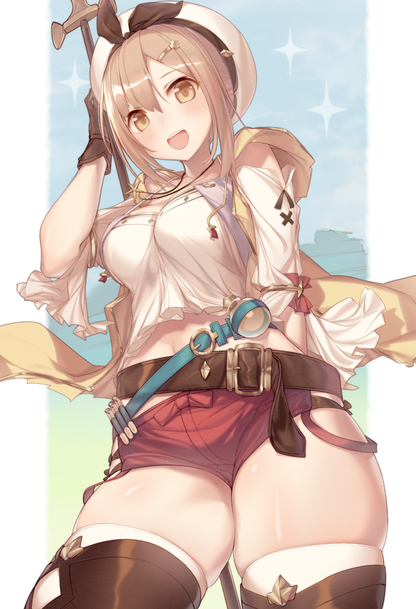 1girl atelier_(series) atelier_ryza belt blush breasts brown_eyes brown_gloves brown_hair brown_legwear cleavage commentary_request doyou_tengoku_pikaraji eyebrows_visible_through_hair gloves hair_ornament hairclip hat highres jewelry looking_at_viewer medium_breasts midriff navel necklace red_shorts reisalin_stout short_hair short_shorts shorts single_glove solo star teeth thighhighs thighs upper_teeth white_headwear white_legwear