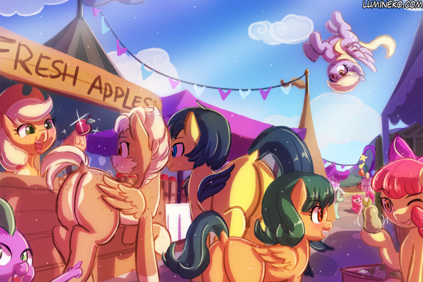 apple apple_bloom_(mlp) applejack_(mlp) black_hair black_mane blonde_hair blonde_mane blue_eyes brown_fur butt character_request clothing cutie_mark derpy_hooves_(mlp) detailed_background dragon equid equine fangs feathered_wings feathers flying food freckles friendship_is_magic fruit fur gesture green_eyes green_hair green_mane grey_fur group hair happy hat headgear headwear holding_object horse looking_at_another looking_back lumineko mammal mane midair mostly_nude multicolored_fur my_little_pony nude one_eye_closed open_mouth open_smile orange_eyes orange_fur outside pink_hair pink_mane pinkie_pie_(mlp) plant pointing pony pterippus public quadruped smile speckled_fur spike_(mlp) spots spotted_fur two_tone_fur upside_down white_hair white_mane wings wink yellow_eyes yellow_fur