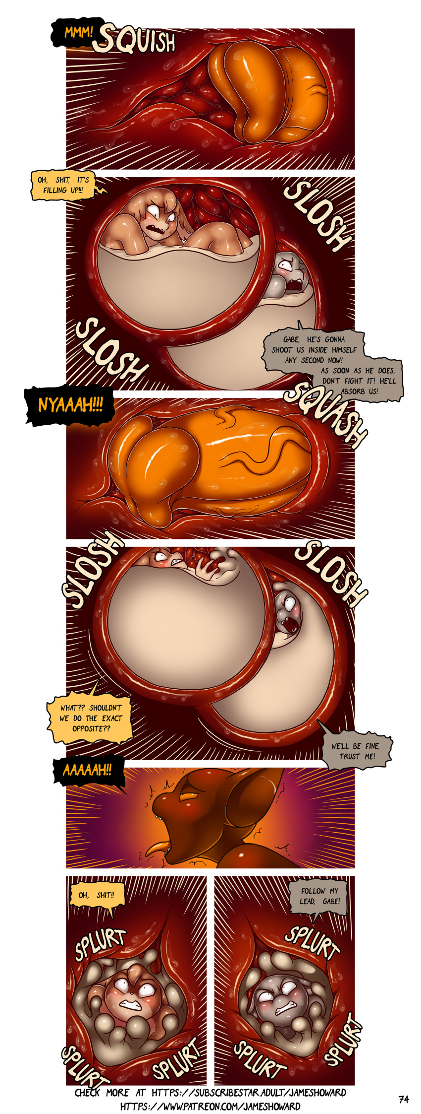 absurd_res ahegao balls big_penis blush bodily_fluids cock_vore comic cum cum_bath dialogue domestic_cat felid feline felis flared_penis gabe_(james_howard) genital_fluids hi_res howard_(james_howard) internal james_howard looking_pleasured male male_pred mammal onomatopoeia orgasm penile penis reggie_(james_howard) size_difference sound_effects vein veiny_penis vore