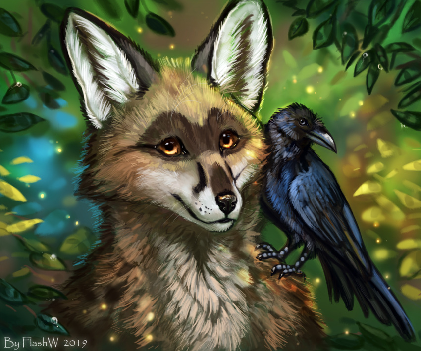 2019 anthro avian bird black_feathers black_nose brown_fur canid canine corvid corvus_(genus) crow detailed_background digital_media_(artwork) duo feathered_wings feathers feral flashw fox fur looking_at_viewer mammal smile wings