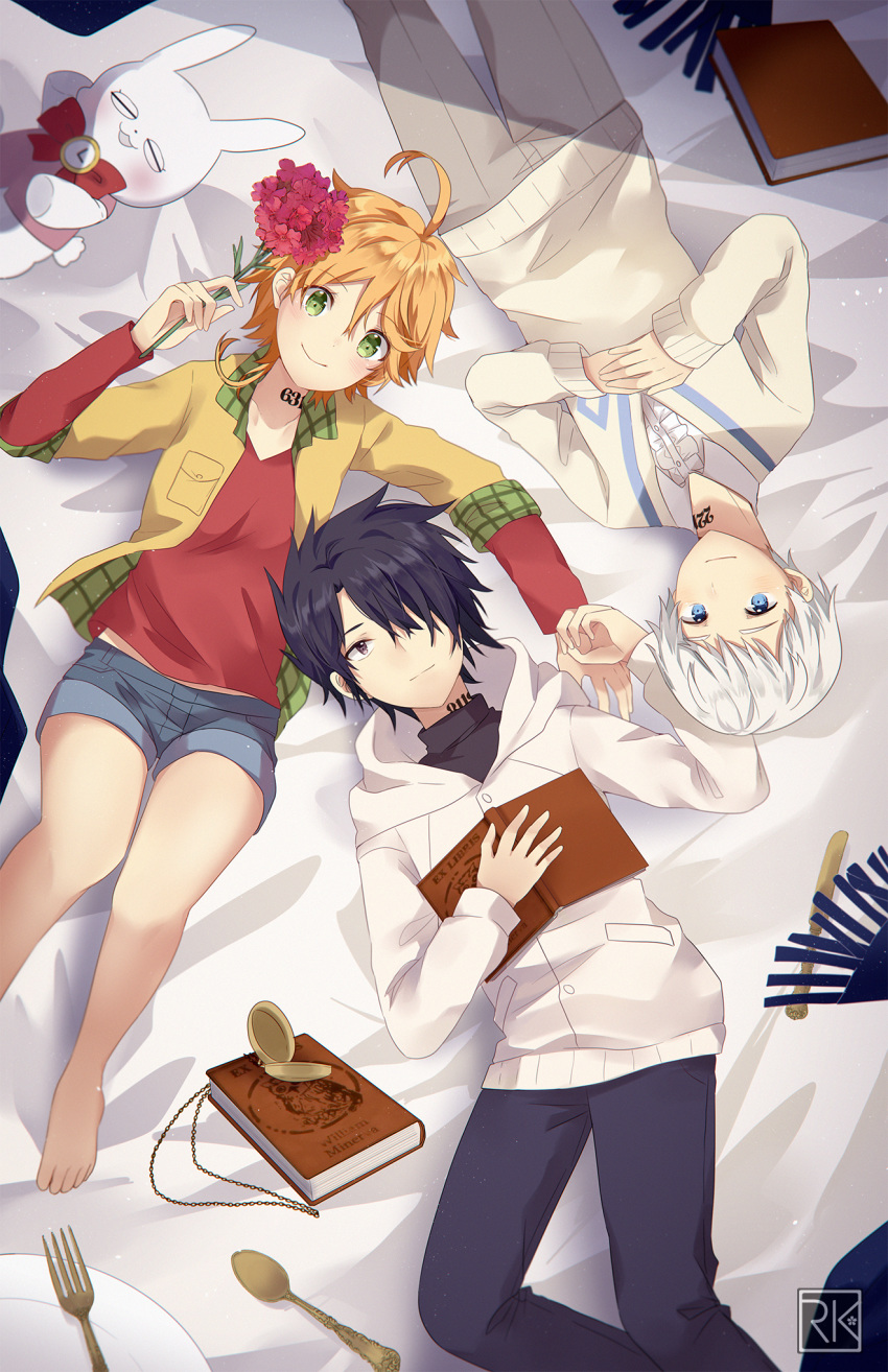 1girl 2boys ahoge barefoot bed_sheet black_hair black_pants blonde_hair blue_eyes blue_shorts book bouquet brown_eyes closed_mouth collar collarbone collared_shirt emma_(yakusoku_no_neverland) flower fork from_above green_eyes grey_pants hair_over_one_eye hands_on_stomach highres holding holding_bouquet hood hood_down hooded_cardigan huge_filesize k-rumi long_sleeves lying multiple_boys norman_(yakusoku_no_neverland) on_back open_book pants ray_(yakusoku_no_neverland) red_flower red_shirt shiny shiny_hair shirt short_hair short_shorts shorts silver_hair smile spoon stuffed_animal stuffed_toy sweater tattoo white_cardigan white_shirt white_sweater wing_collar yakusoku_no_neverland