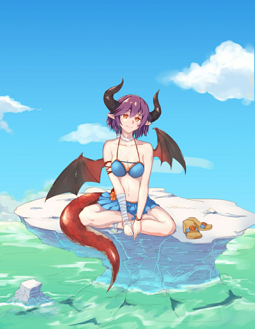 1girl ankle_ribbon anlan bikini blue_bikini blue_sky bracelet breasts cleavage cloud commentary_request crossed_legs day dragon_girl dragon_horns dragon_tail dragon_wings eyebrows_visible_through_hair granblue_fantasy grea_(shingeki_no_bahamut) hair_between_eyes head_tilt highres horns indian_style jewelry large_breasts neck_ribbon ocean pointy_ears purple_hair red_eyes ribbon rock sandals_removed short_hair sitting sitting_on_rock sky solo swimsuit tail water white_ribbon wings wrist_wrap