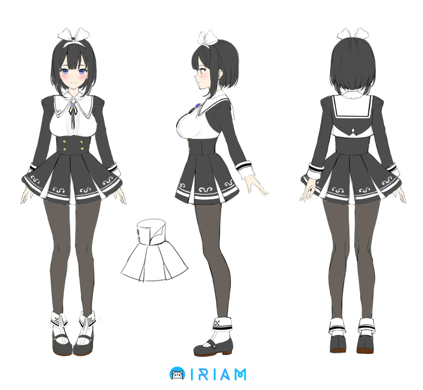 1girl bangs black_footwear black_hair blue_eyes blush bow bowtie breasts buttons commentary_request concept_art copyright_name detached_sleeves dress full_body hair_bow hairband iriam large_breasts logo long_sleeves looking_at_viewer multiple_views nakamine_lily pantyhose shimashima08123 shoes short_dress short_hair simple_background smile standing turnaround virtual_youtuber white_background