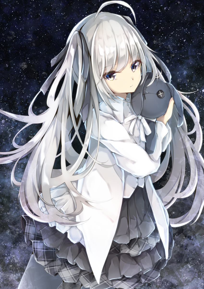 1girl ahoge bangs black_ribbon closed_mouth collared_shirt commentary_request cucchiore dress_shirt eyebrows_visible_through_hair grey_eyes grey_legwear grey_skirt hair_between_eyes hair_ribbon highres jacket kasugano_sora layered_skirt long_hair long_sleeves looking_at_viewer night night_sky object_hug open_clothes open_jacket plaid plaid_skirt pleated_skirt ribbon shirt silver_hair skirt sky solo star_(sky) starry_sky stuffed_animal stuffed_bunny stuffed_toy thighhighs twintails very_long_hair white_jacket white_shirt yosuga_no_sora
