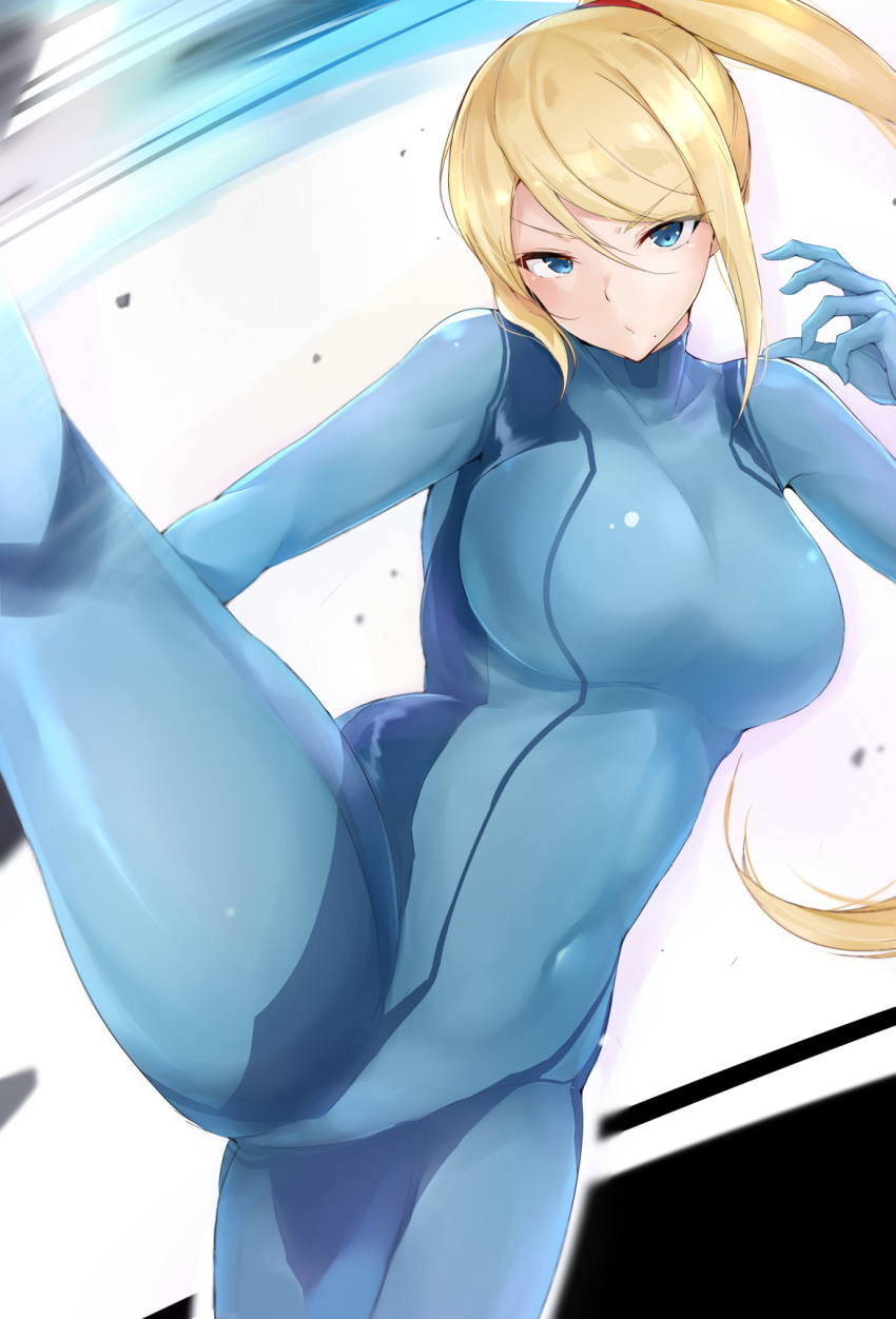 1girl bangs blue_bodysuit bodysuit breasts covered_navel high_ponytail highres kicking large_breasts leg_up long_hair looking_at_viewer maruya1006 metroid open_mouth ponytail samus_aran solo swept_bangs thighs zero_suit