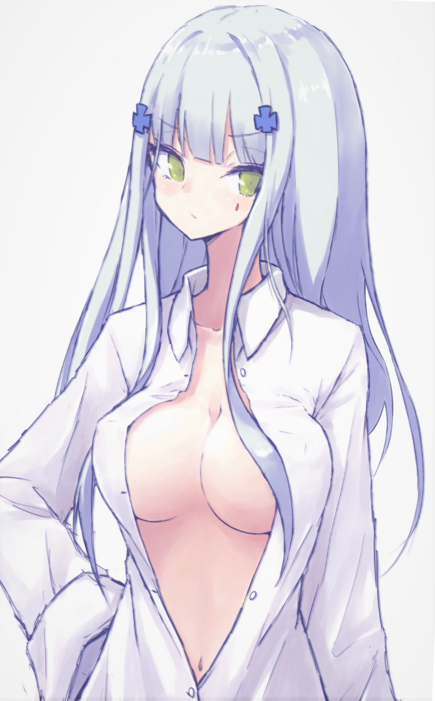 1girl absurdres bangs blush breasts buran_(kure) cleavage closed_mouth collarbone commentary_request dress_shirt eyebrows_visible_through_hair facial_mark girls_frontline green_eyes grey_background hair_ornament hand_on_hip highres hk416_(girls_frontline) long_sleeves looking_at_viewer medium_breasts naked_shirt open_clothes open_shirt shirt silver_hair simple_background solo upper_body white_shirt