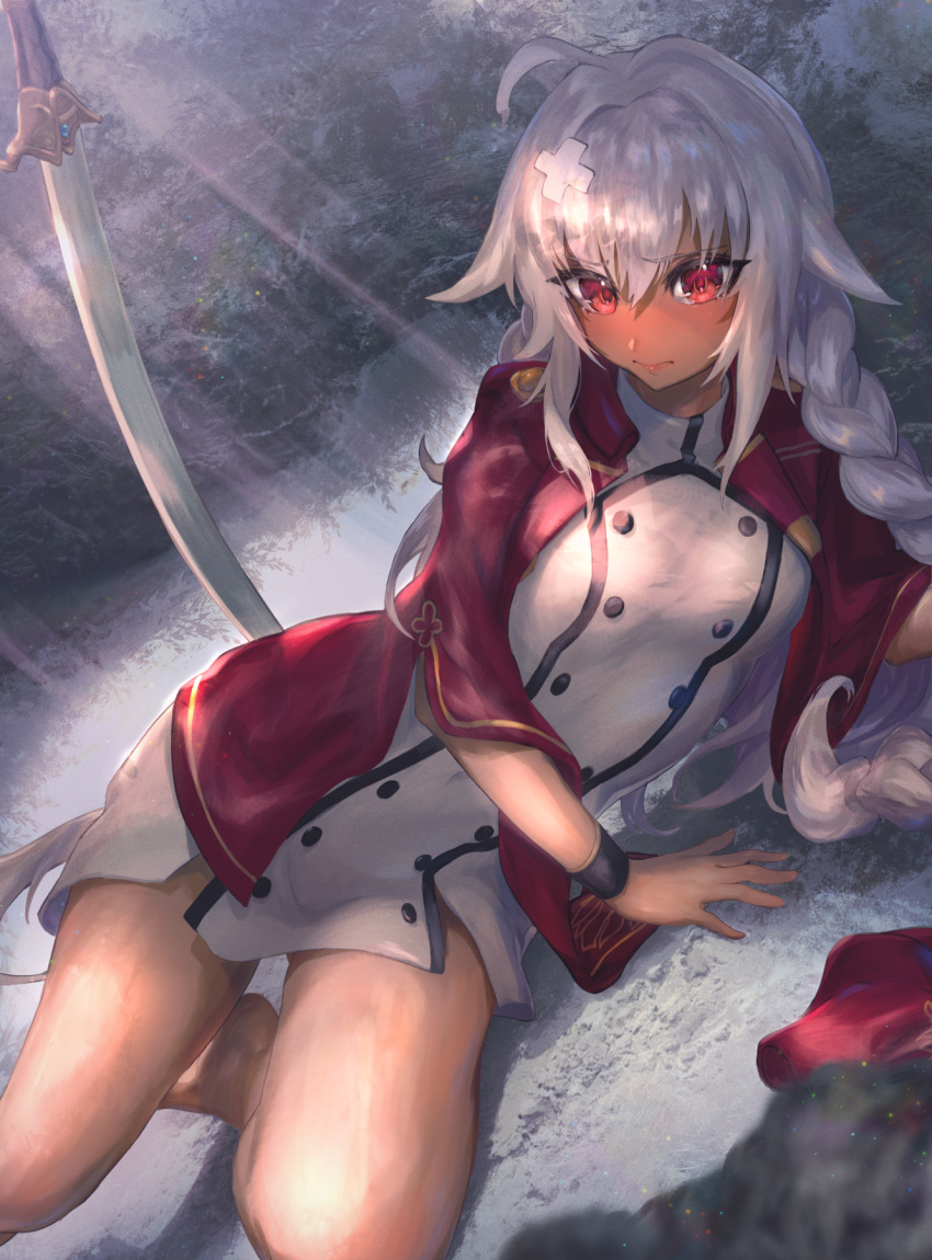 1girl ahoge blush braid commentary_request dark_skin dress eyebrows_visible_through_hair fate/grand_order fate_(series) grey_hair hair_between_eyes highres jacket lakshmibai_(fate/grand_order) long_braid long_hair lying nijimaarc on_ground on_side red_eyes red_jacket short_dress solo sword twin_braids very_long_hair weapon white_dress