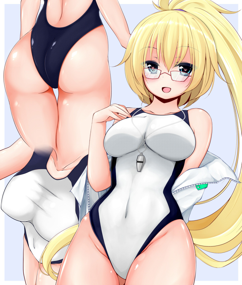 1girl :d ass backless_swimsuit bakko bare_shoulders black_swimsuit blonde_hair blue_background blue_eyes blush border breasts collarbone commentary_request competition_swimsuit fate/grand_order fate_(series) glasses heart heart-shaped_pupils highleg highleg_swimsuit highres jacket jeanne_d'arc_(fate)_(all) jeanne_d'arc_(swimsuit_archer) large_breasts long_hair multicolored multicolored_clothes multicolored_swimsuit multiple_views off_shoulder one-piece_swimsuit open_clothes open_jacket open_mouth ponytail red-framed_eyewear smile swimsuit symbol-shaped_pupils very_long_hair whistle whistle_around_neck white_border white_swimsuit