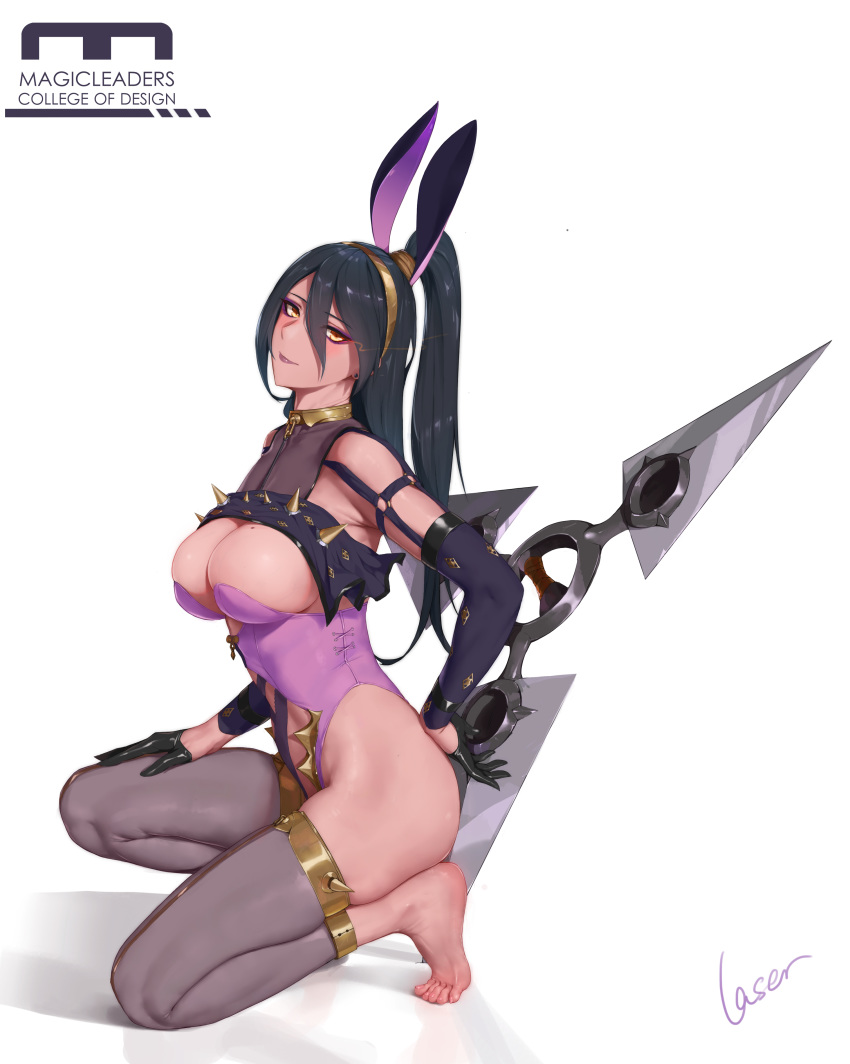 1girl absurdres ass bangs barefoot black_gloves black_hair blush breasts chain cleavage collar detached_sleeves earrings eyebrows_visible_through_hair eyeshadow full_body gloves hair_between_eyes half_gloves headband highleg highleg_leotard highres holding holding_weapon jewelry large_breasts leggings leotard long_hair looking_at_viewer makeup mole mole_on_breast o-ring one_knee original ponytail purple_leotard purple_lips reflection rosaline shuriken sidelocks signature simple_background skindentation spiked_legwear thighs toes very_long_hair weapon white_background yellow_eyes