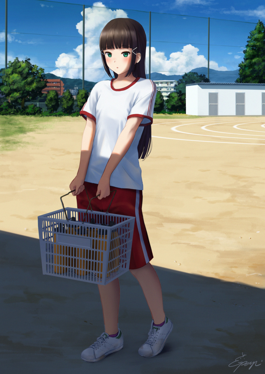 1girl bangs basket blunt_bangs blush bottle building carrying cloud green_eyes gym_uniform hair_ornament highres kurosawa_dia long_hair love_live! love_live!_sunshine!! mole mole_under_mouth outdoors papi_(papiron100) school shade shoes signature sky sneakers solo tree water_bottle