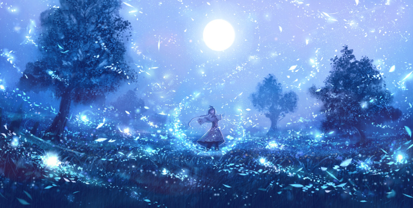 1girl ahoge blue_theme braid capelet closed_eyes commentary corset dancing dark dress fantasy fisheye full_moon grass light_particles long_hair moon nature original outdoors outstretched_arms sakimori_(hououbds) scenery single_braid solo texture tree