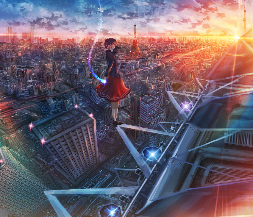 1girl black_hair blurry building cityscape cloud depth_of_field hand_up highres kenzo_093 lens_flare long_hair looking_at_viewer looking_back original red_skirt scenery skirt sky skyscraper solo star_(sky) sunset tower