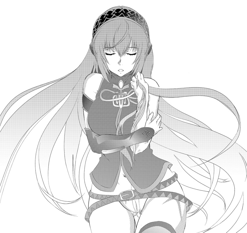 1girl arm_strap asunogear asymmetrical_sleeves bottomless breasts closed_eyes detached_sleeves eyebrows_visible_through_hair facing_viewer floating_hair greyscale hair_between_eyes hair_censor hair_over_crotch hairband headphones highres holding holding_hair large_breasts long_hair megurine_luka midriff monochrome navel open_mouth simple_background single_sleeve sketch solo stomach thighhighs very_long_hair vocaloid white_background